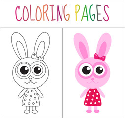 Coloring book page. Bunny, rabbit. Sketch and color version. Coloring for kids. Vector illustration