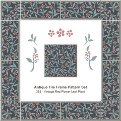 Antique tile frame pattern set_363 Vintage Red Flower Leaf Plant
