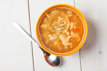 Traditional polish tripe soup with vegetables.