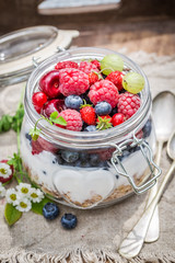 Muesli with flowers and fruits in garden