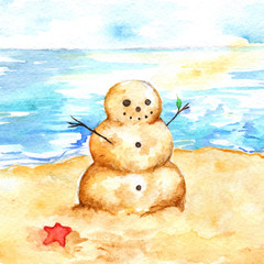 Watercolor summer travel beach sea shore sandman