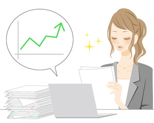 書類　グラフ　プレゼンター　女性　スーツ　笑顔