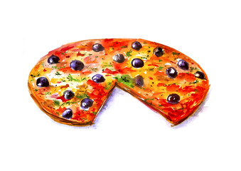 Illustration, watercolor painting - a slice of pizza. On an isolated white background