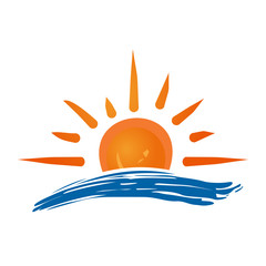 Sun and sea logo icon. Handmade grunge icon isolated on white background.  Sunrise over the sea. Editable vector illustration