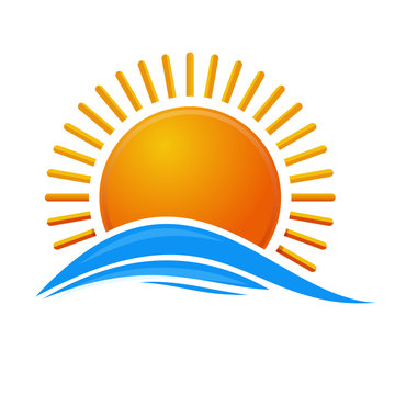 Sun over the sea. Sunrise logo icon. Cartoon sun over sea waves. Vector illustration isolated on white background