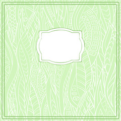 Decorative frame on the background abstract seamless pattern of stripes and leaves. Vector graphics.