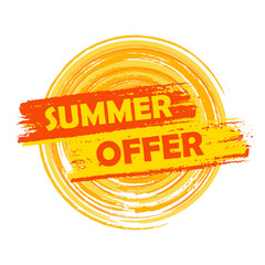 summer offer with sun sign, yellow and orange drawn label, vecto