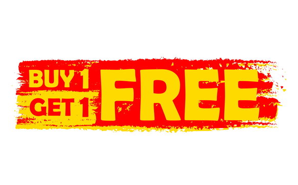 buy one get one free, yellow and red drawn label, vector