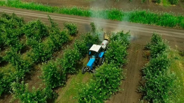 Aerial view of the Sprayer for Applying Fungicides in the Apple Orchard.Crop Protection