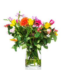 Bouquet of mixed flowers in the vase on white background