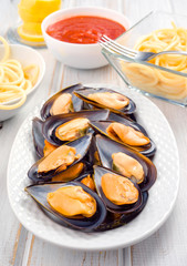 Galician mussels group in tray