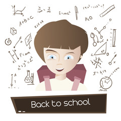 Cartoon young boy with school bag and hand drawn science backgro