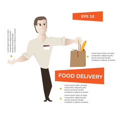 Cartoon young happy man with package with food vector illustrati