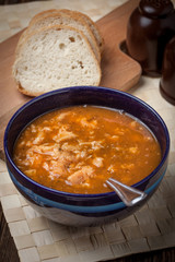 Traditional polish tripe soup with vegetables.