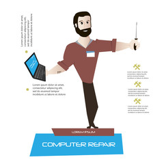 Cartoon man character with laptop and tool vector illustration.