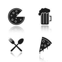 Pizzeria drop shadow black icons set