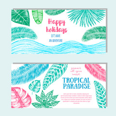 Fototapeta na wymiar Tropical palm leaves bright flyer set. Horizontal travel banners. Vector illustration drawn in ink.