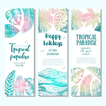 Tropical palm leaves bright banners. Vertical paradise set. Vector illustration drawn in ink.