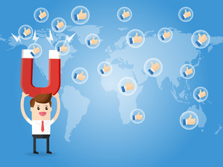 businessman holding huge magnet attract a lot of positive feedback from worldwide