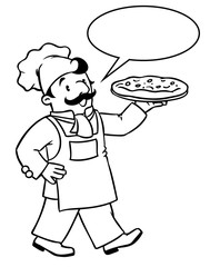 Coloring book of funny baker or chef with pizza
