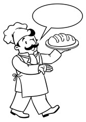 Coloring book of funny cook or baker with bread