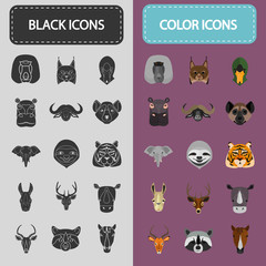 Set of thirty two black and color animal icons