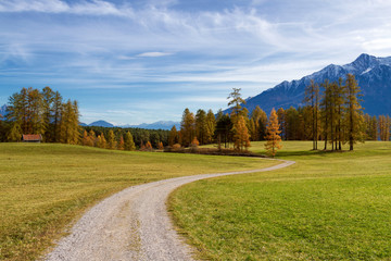 Autumn mountain scenery in the Alps with hiking trail. Mieminger plateau, Austria, Tyrol.