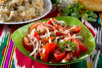 Fresh salad with tomatoes, onions and coriander - Achik-chuchuk.