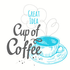 Vector illustration with cup of coffee in sketch style.