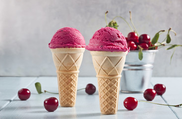 Cherry ice cream cones and cherries.