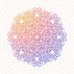 Ornamental abstract round lace pattern. Rainbow colored mandala on textured background. Vector illustration EPS 10