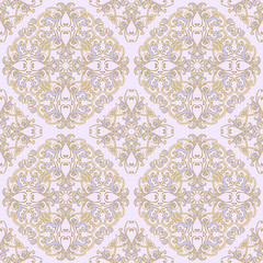 Oriental round ornament. Seamless damask ornate background. Beautiful pattern of colorful mandalas. Fashion textile design. Vector illustration. 
