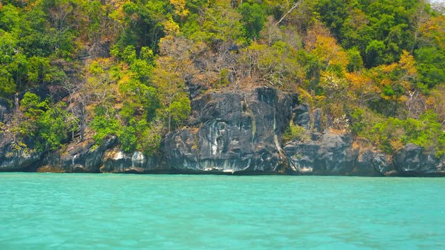 Onboard perspective shot from a passing boat, of limestone seacliffs, undercut by ocean waves, on an undeveloped tropical island. Video UltraHD