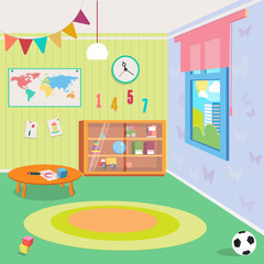Kindergarten Room Interior with Toys. Vector illustration