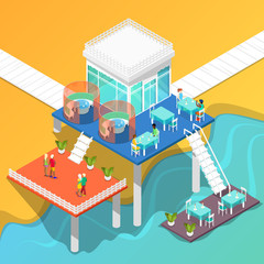 Beach Restaurant on the Coast of the Sea with People. Isometric Building. Vector illustration