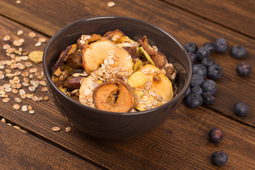 good breakfast, Organic Breakfast Quinoa with Nuts Milk and Berries, Breakfast oatmeal porridge with cinnamon, cranberries and blueberries, , selective focus, close up, front view