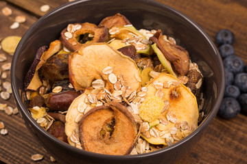 good breakfast, Organic Breakfast Quinoa with Nuts Milk and Berries, Breakfast oatmeal porridge with cinnamon, cranberries and blueberries, , selective focus, close up, front view