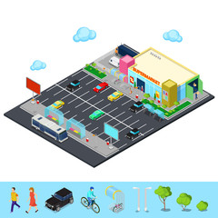 Isometric City. Supermarket Building with Parking Area, Bus Stop and Bicycle Places. Vector illustration