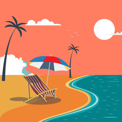 Summer Tropical Beach with Palm Trees and Umbrella. Vector Background
