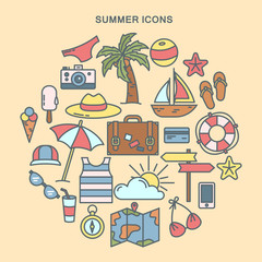 Summer Time. Set of Summer Icons. Travel Background. Vector illustration