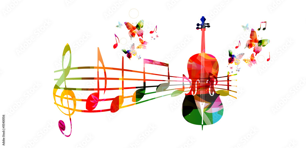 Wall mural colorful music background with violoncello and music notes