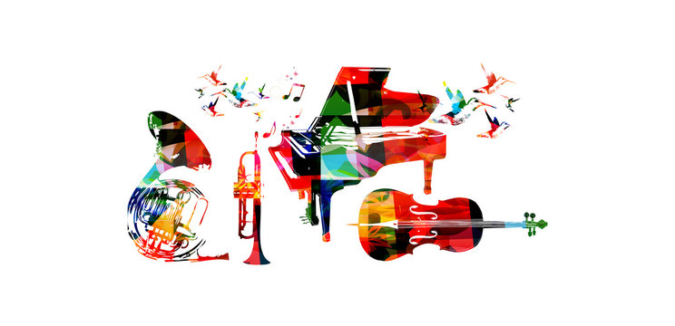 Colorful music background with music instruments and hummingbirds