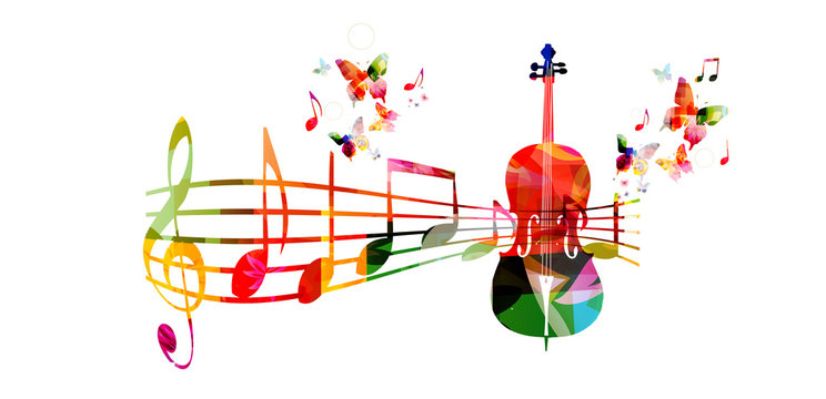 Colorful music background with violoncello and music notes