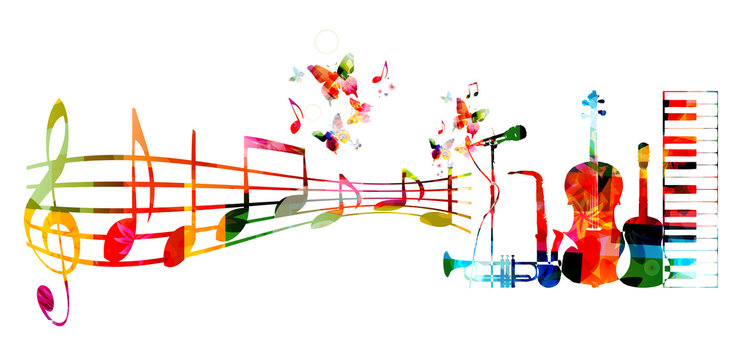Colorful music background with music instruments and notes