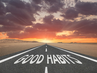 Good Habits text on highway success concept