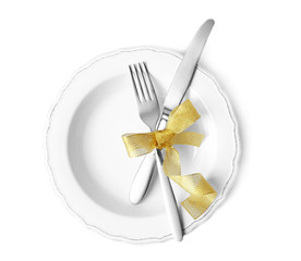 Beautiful table setting on white background