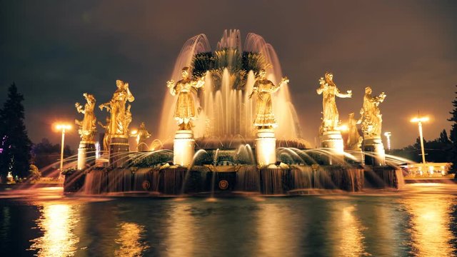 Fountain Friendship of Nations on VDNH in Moscow, Russia . Time-lapse