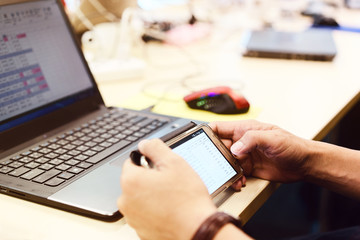 businesswoman working with modern devices, labtop computer and m