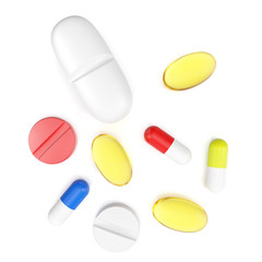 Colorful medication and pills from above. 3d illustration