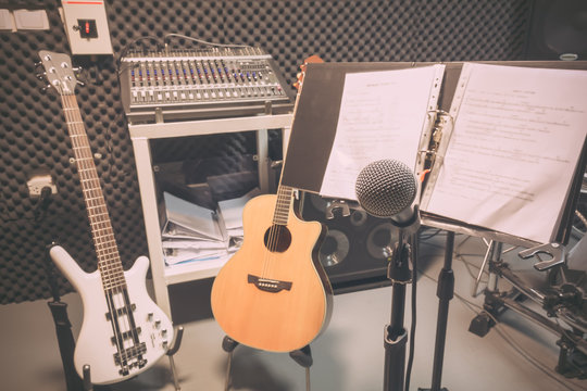 selective focus the  microphone and musical instrument.